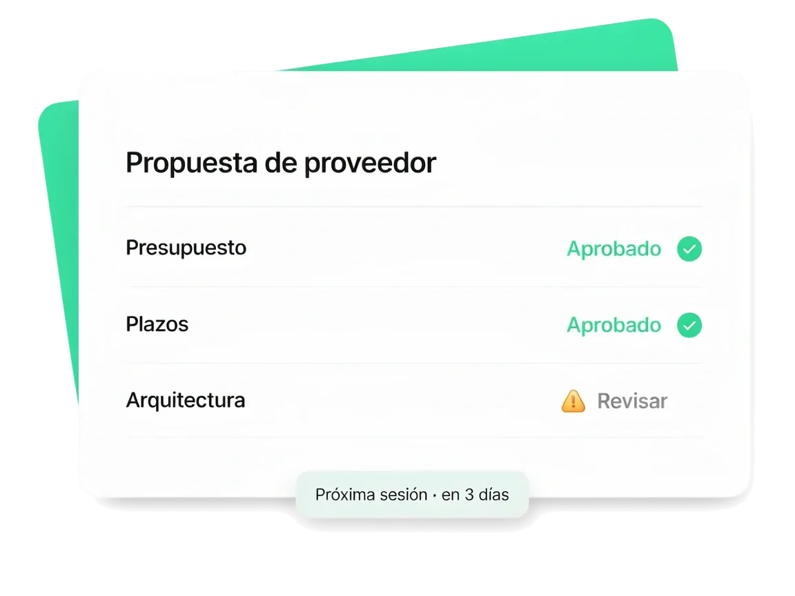 Panel de software mostrando la revisión de una propuesta de proveedor, con la arquitectura marcada para revisar