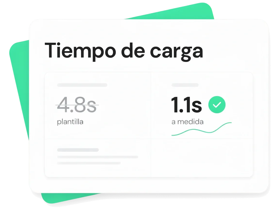 Panel de software comparando el tiempo de carga de una plantilla frente a un desarrollo a medida